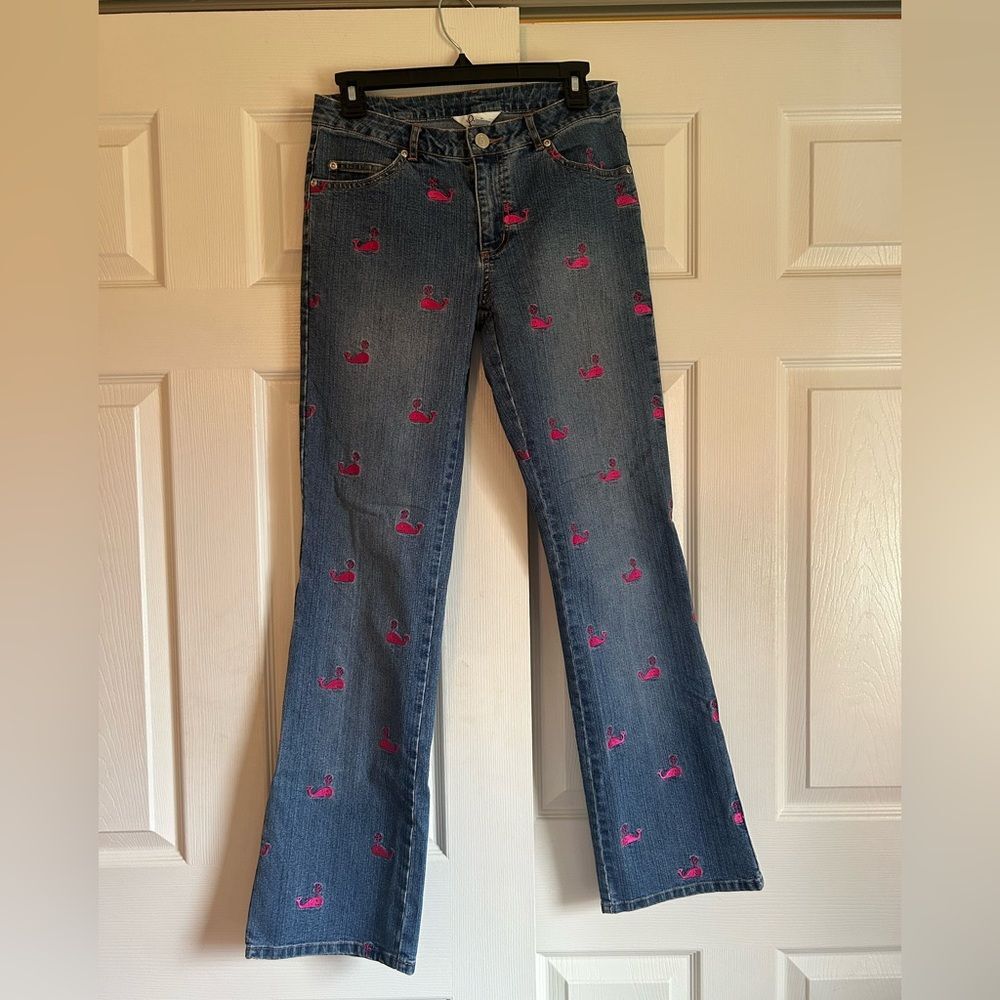 Vintage Lily Pulitzer blue mid rise boot cut jeans size 2 pink whale nautical
